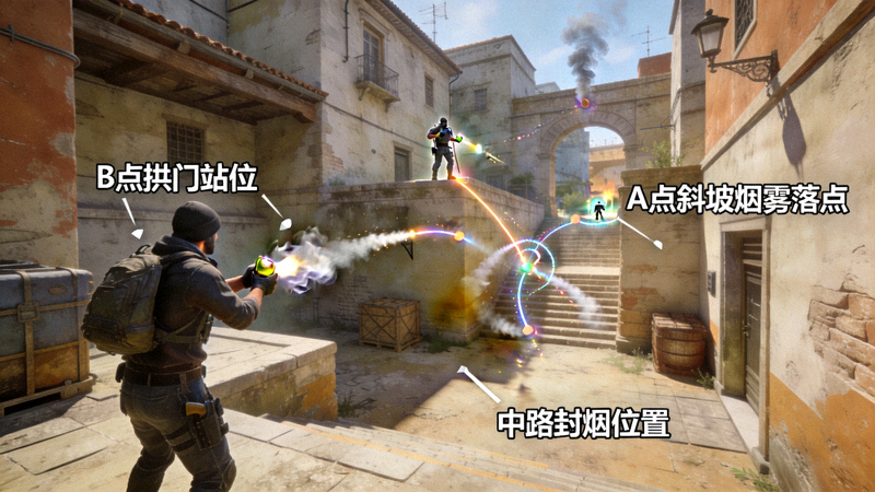 CSGO投掷物高清点位站位与烟雾弹落点3D演示画面