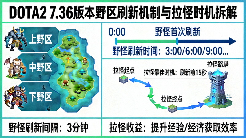 DOTA2 7.36版本野区刷新机制与拉怪时机拆解示意图
