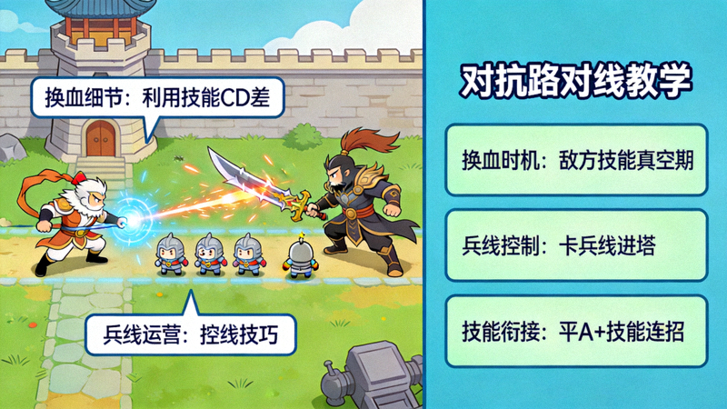 王者荣耀对抗路对线换血细节与兵线运营教学画面
